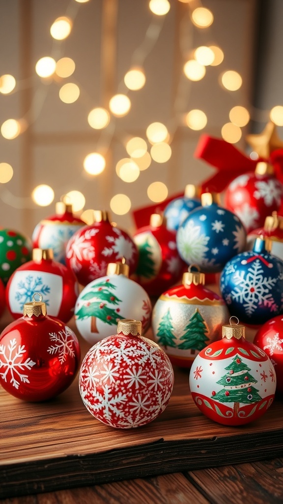 Hand-painted Christmas ornaments with various designs on a wooden table, surrounded by fairy lights.